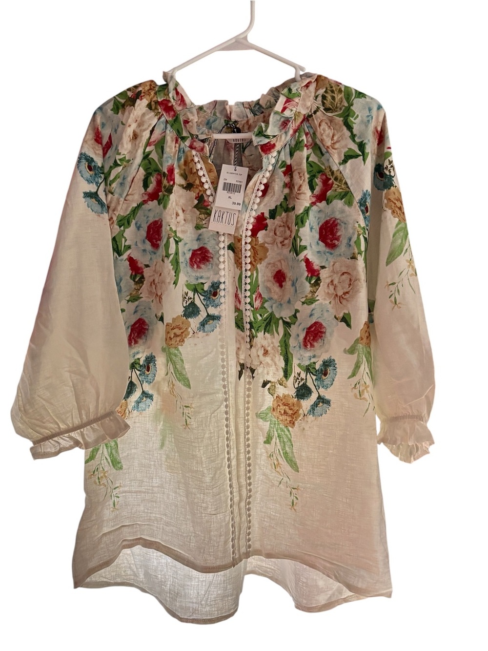 Kaktus Cream Floral Ruffled Peasant Top